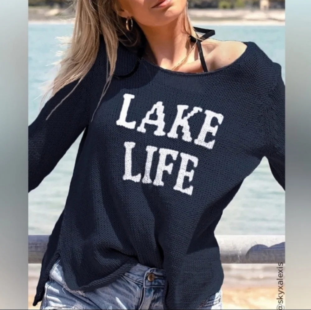 Wooden Ships LAKE LIFE Navy Sweater with White Words - Picture 11 of 16